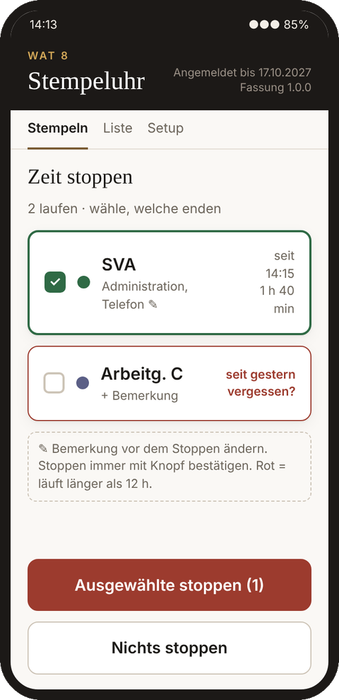 Zeit stoppen: zwei laufende Sessions, SVA ist ausgewählt
